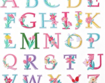 Letras del alfabeto florales bordadas, apliques termoadhesivos o para coser, parches de tela para ropa, bolsos y sombreros.