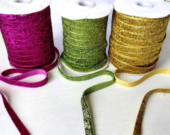Metallic Glitter Ribbon: 10mm Gold, Pink, Lime - Gift Wrapping, Wreath Making