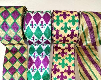Mardi Gras Wire Ribbons for Wreath Bows, Gifts, Carnival Decoration - 2.5" Choice Design