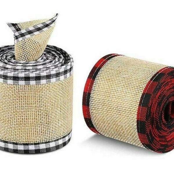 Buffalo Plaid Christmas Burlap, Wire Edge Ribbon Red or Black 63 mm Festive Wired Ribbon, Bows Wreath Ribbon, Christmas Autumn by the metre