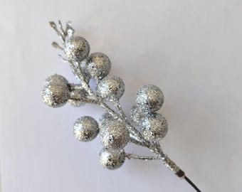 Glitter Berry Stem Silver  - Floral Pick 19 cm, Wreath Making - Decorations