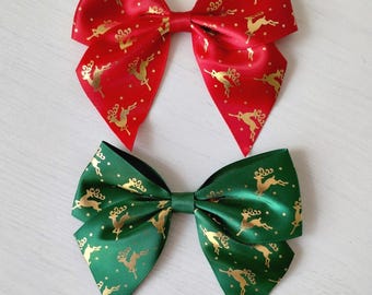 Red or Green Satin Christmas Bow: Gold Reindeer, Self-Adhesive 10cm