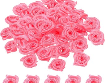 Pink Satin Ribbon Rose Buds, Sewing Applique, Craft Flowers (10 Piece Set)