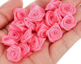Capullos de rosa con cinta de satén rosa, apliques para coser, flores para manualidades (juego de 10 piezas)
