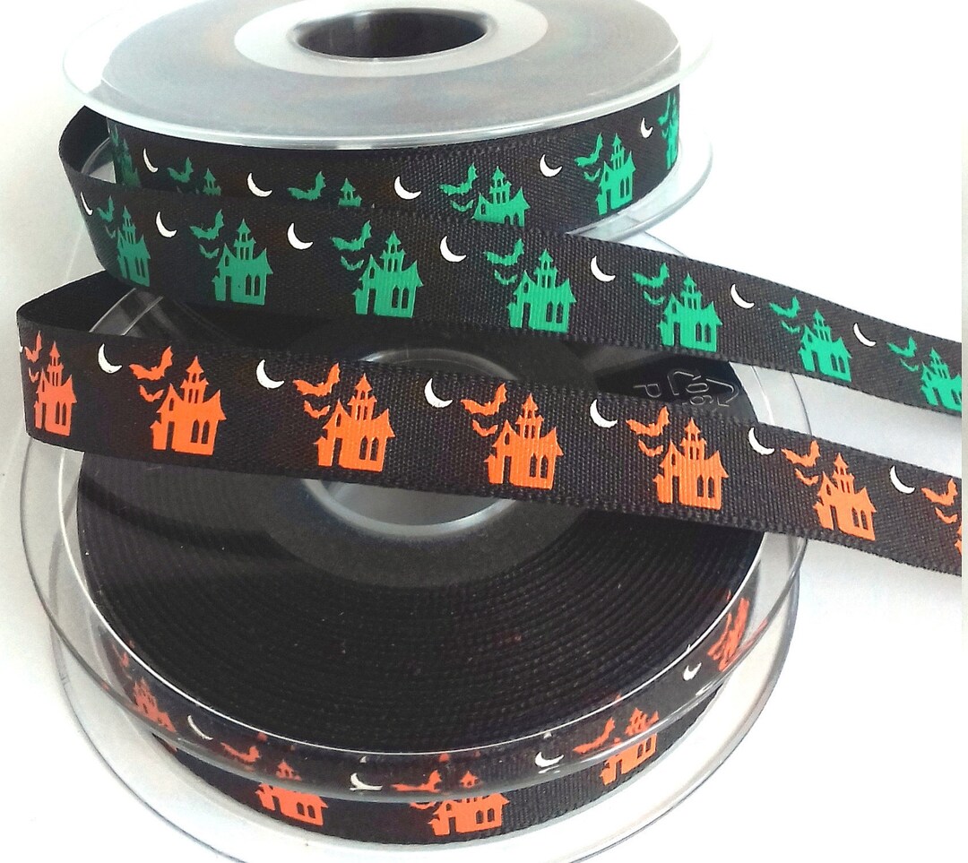 Halloween Haunted House Ribbon: 15mm Spooky Satin Ribbon, Sold by the ...