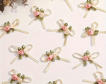 Satin Ribbon Rose Bows Pink-Cream-Gold Edge Bow Sewing Applique Craft Flowers x 10