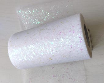 Sparkle White Tulle Net: AB Pink Sequin, 6 Inch Wide