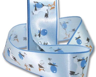 Stork Baby Boy Blue Satin Ribbon, 40mm, Sold by the Metre