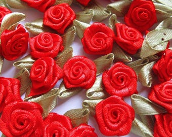 Satin Ribbon Rose Buds Red with Light Green Leaves Embellishments, Craft Flowers x 10