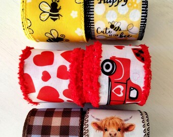 2 pcs Ribbon Rolls 5 yards per roll-choice patterns-Bee-Heart-Cow-Bow making Wreath Bows