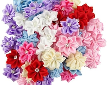 Small Satin Ribbon Rhinestone flowers 25mm Sew on Applique in assorted colours x10