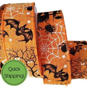 Eerie Orange Halloween Wired Ribbon: Spooky Bats & Spiderwebs (38mm)