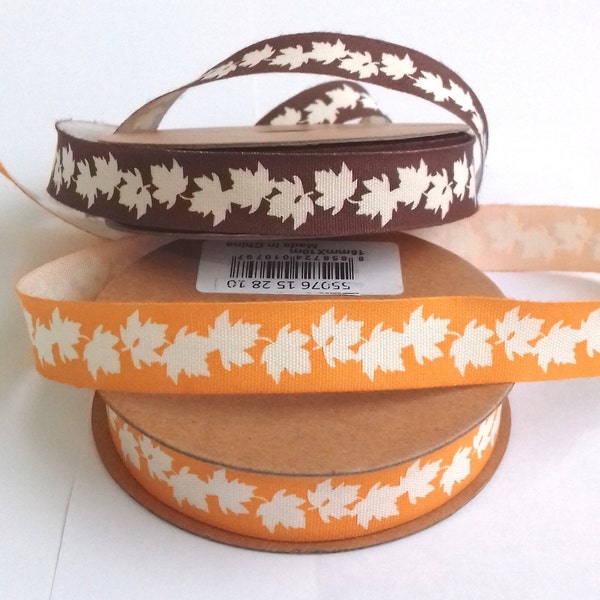 Maple Leaf Print Cotton Twill Ribbon - Autumn Harvest Colours (15mm)