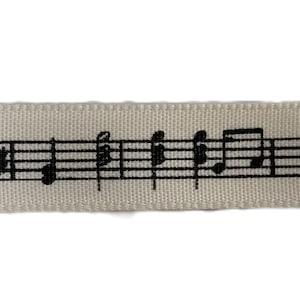 May include: A white ribbon with a black musical note design printed on it.