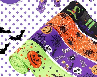 Halloween Wired Ribbon: Burlap, Witch Legs, Spiderweb, Skull, Pumpkin - 63mm