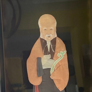 Vintage 3D Japanese Silk Asian Wall Hanging Diorama Style Art Old Man Wall Art 18 x 9