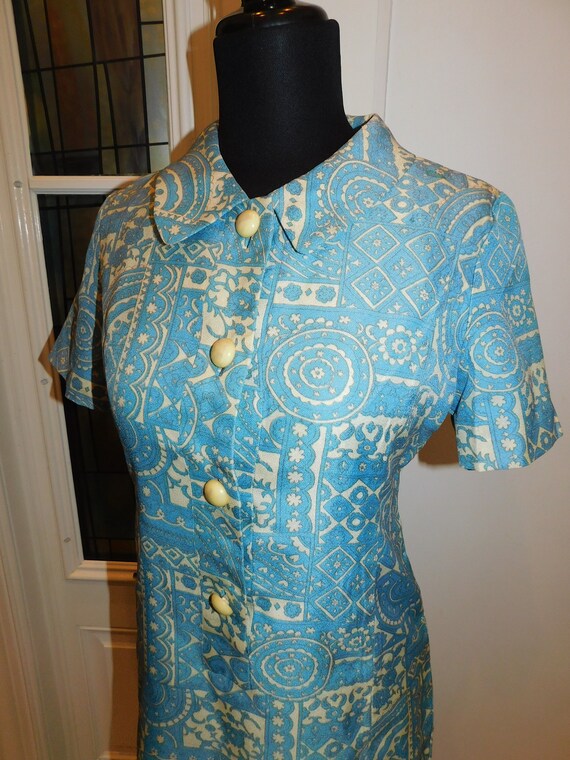 Vintage 1960s Teal Blue Ivory Sheath Dress Abstra… - image 3