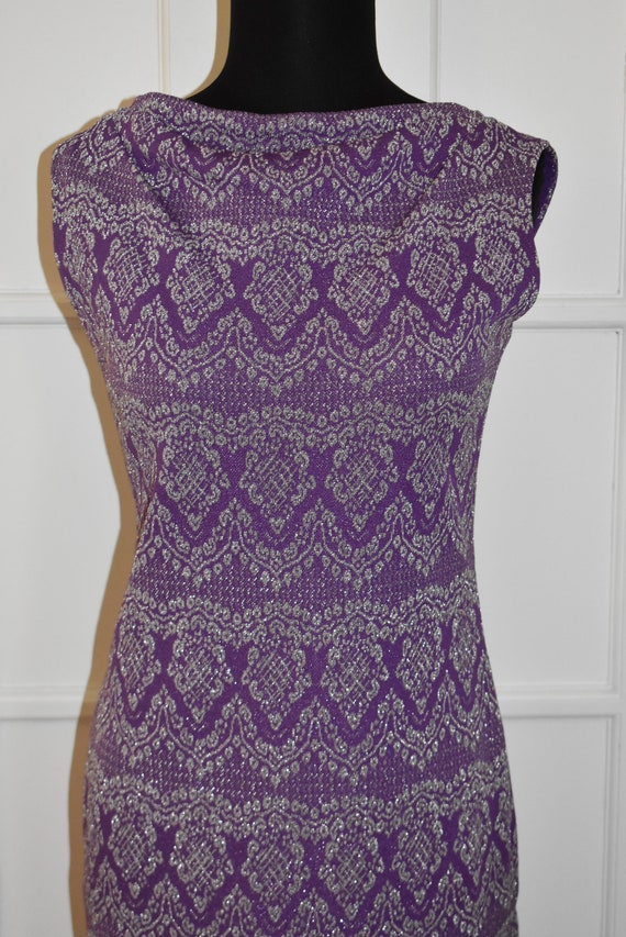 Vintage 60s Purple Silver Metallic Dress Boat nec… - image 3