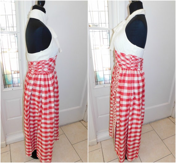 70s Gingham Maxi dress, Red White Plaid Dress, Re… - image 3