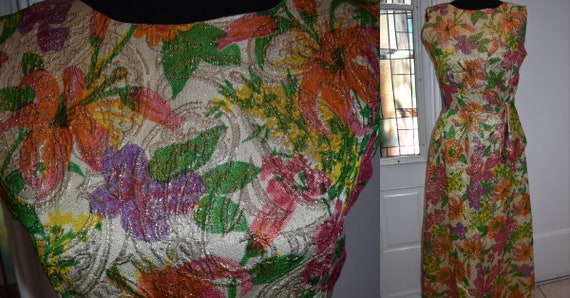 Vintage 60s Metallic Tropical Evening gown 60's Ev