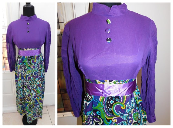 1960's Royal Purple Rayon Crepe Psychedelic Op Ar… - image 1