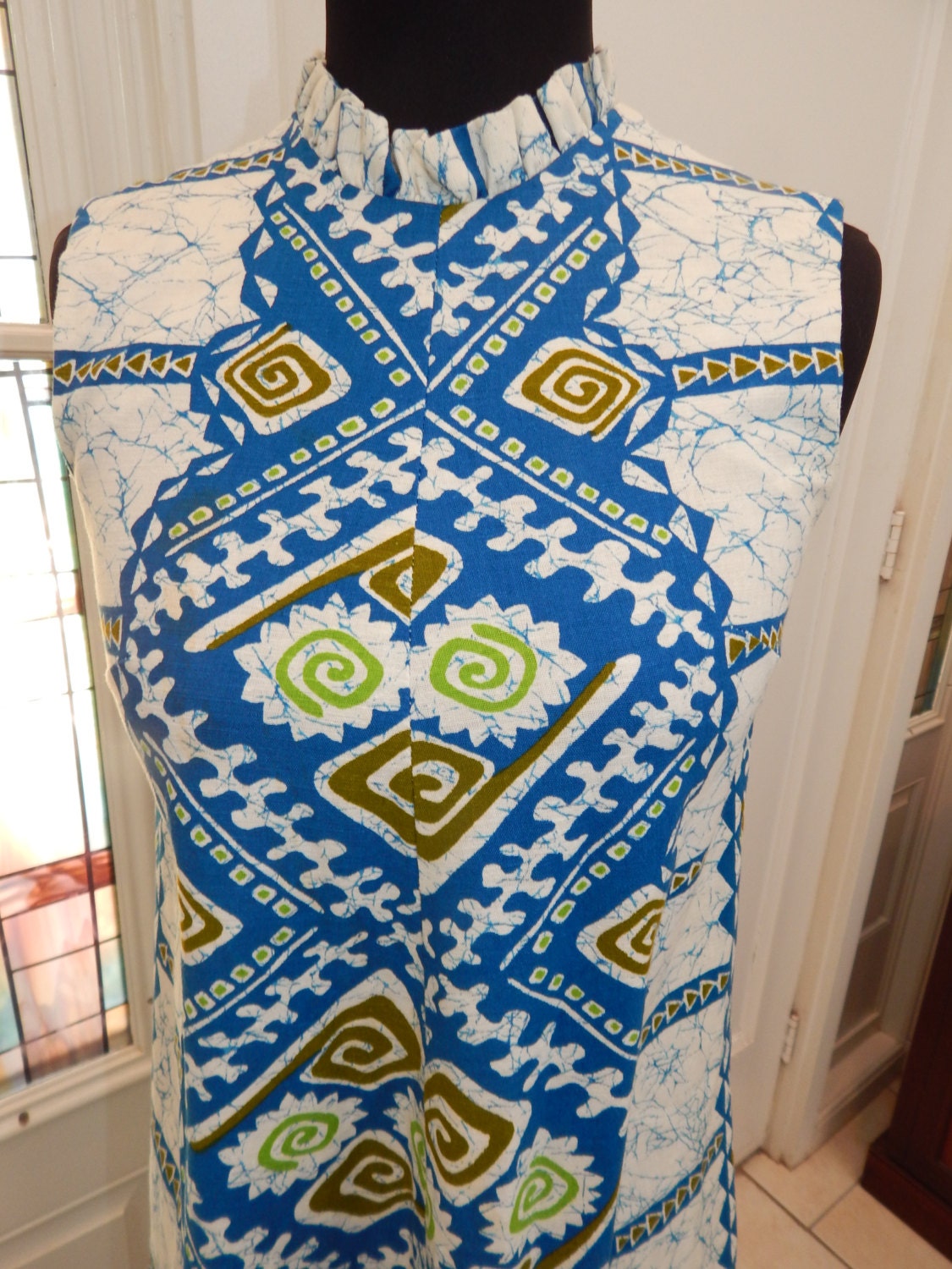 Vintage 60's Geometric Tiki Pacific Isle Hawaiian Maxi Mumu Dress Small