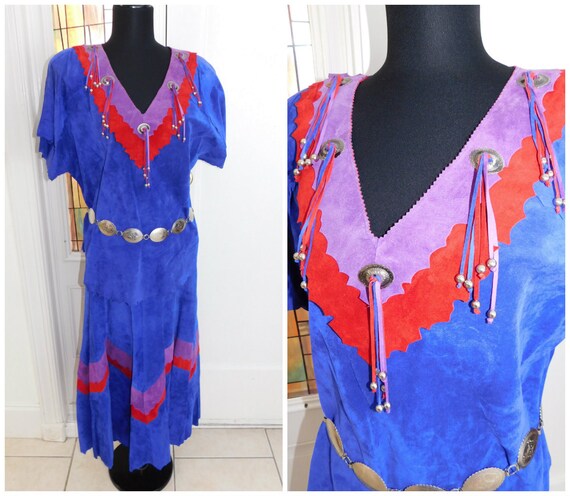 Western Leather Suede Skirt Suit, Concho Fringed W