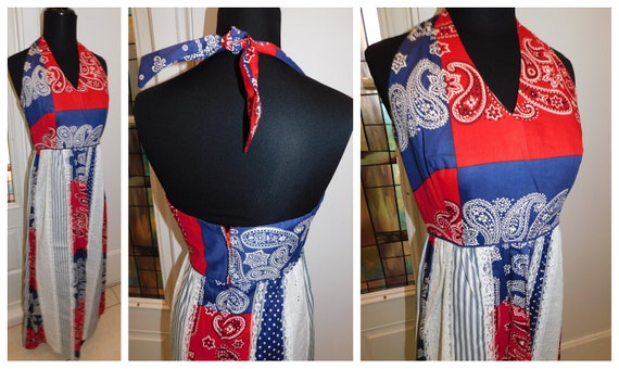 Vintage Bandana Maxi BOHO Peasant Halter Maxi Dres