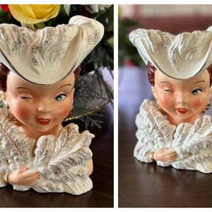 Vintage Ceramic Norcrest Winking Lady Head Vase #E322 with Feather Fan