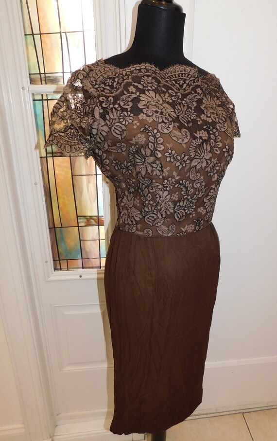 1950s silk & lace wiggle dress • vintage 50s dres… - image 7