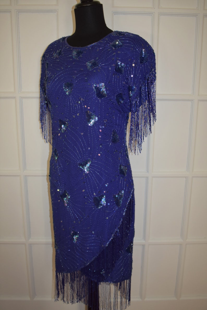 Vintage Blue Silk Fringed Art Deco Gatsby Dress 80s Flapper Fringed Silk Beaded Gown 38 Chest