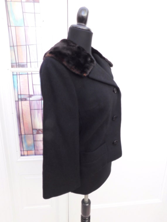 Vintage 1950s Black Wool Cropped Jacket Beaver Fu… - image 2