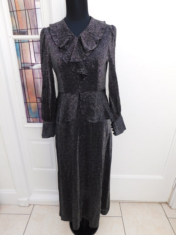 70s Ruffled Lurex Dress Metallic Peplum Gown Blac… - image 2