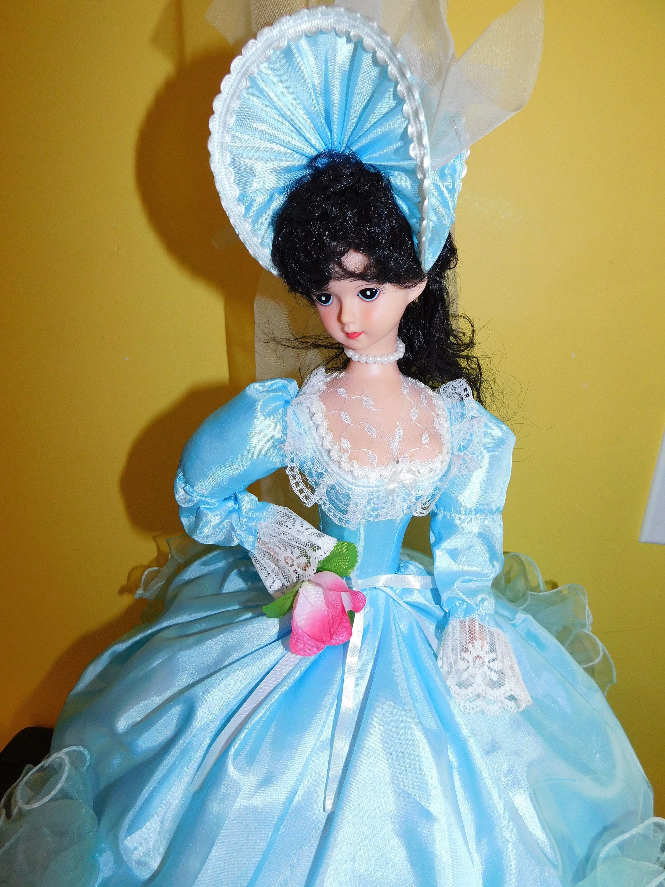 Vintage 18 Inch Blue Victorian Umbrella Musical Doll Hoop Skirt