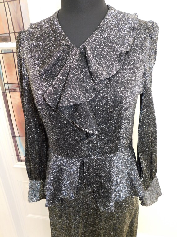 70s Ruffled Lurex Dress Metallic Peplum Gown Blac… - image 4