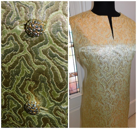 60s Chartreuse Brocade Cocktail Dress, Dress Coat… - image 6