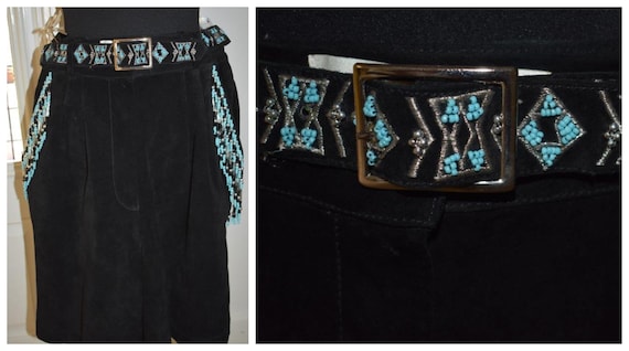 Vintage Black Suede Native American Shorts, Vintag