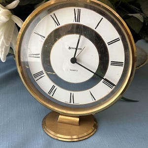 Vintage Benchmark Quartz Mid Century Modern Desk Clock West Germany Working, Alarm Non-Functional, E90 Battery, Gold or Brass Tone