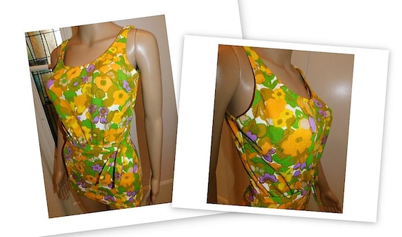 Vintage 60s Psychedelic Swimsuit, Flower Power, 60