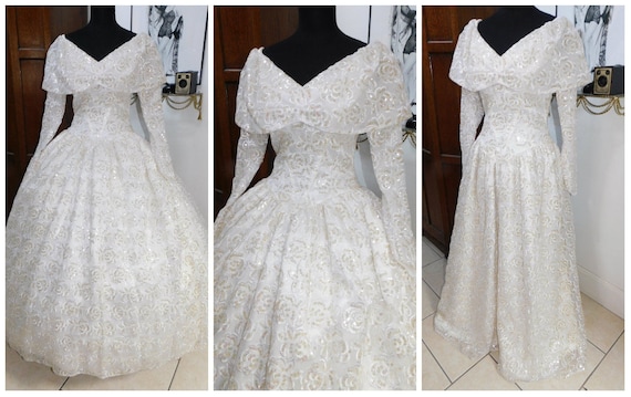 Vintage Full Sweep Wedding Gown, Tulle Taffeta Sat