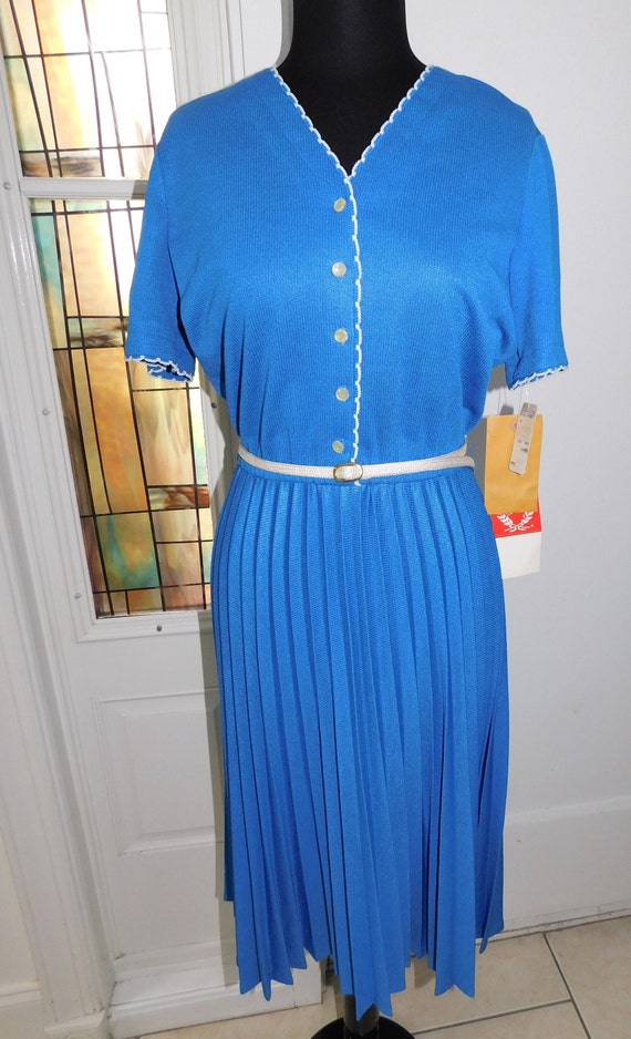 NOS 1970s Garden Party Blue White Knit Pleated Dr… - image 2