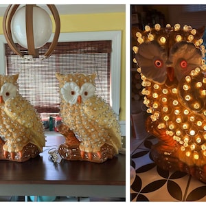 Pair Vintage 1970 s Cracked Marbles Owl Lamps X Large Retro Orange Owl Lamps Working Mid Century Marble Lamps