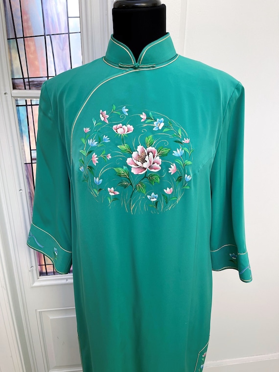 Vintage Chinese Cheongsam Green Silk Handpainted … - image 1