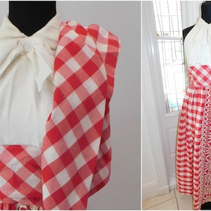 70s Gingham Maxi dress, Red White Plaid Dress, Red White Checkered Dress,  Embroidered Halter Dress, Gingham Maxi Dress, Shawl, Small Med
