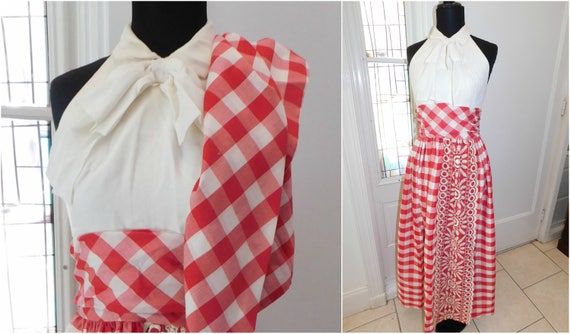 70s Gingham Maxi dress, Red White Plaid Dress, Re… - image 1