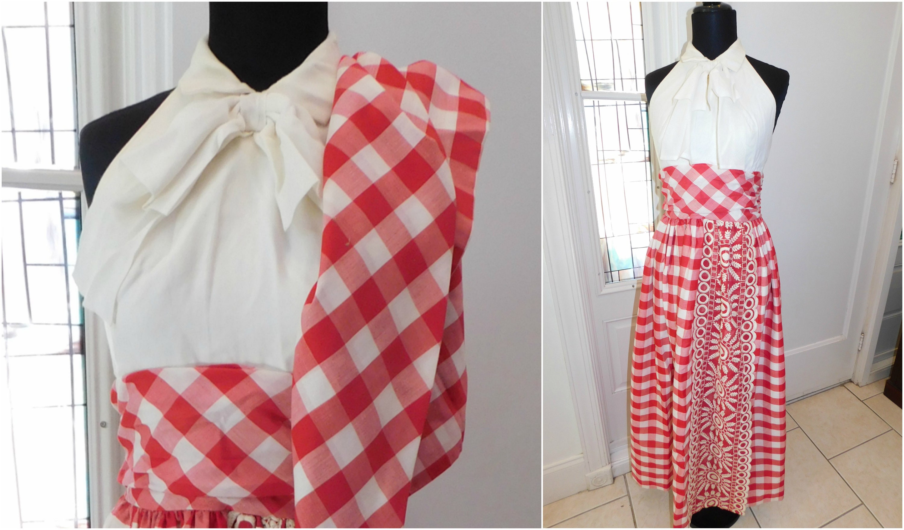 Vintage Scarf Styles -1920s to 1980s 70S Gingham Maxi Dress, Red White Plaid Dress, Checkered Embroidered Halter Shawl, Small Med $64.00 AT vintagedancer.com