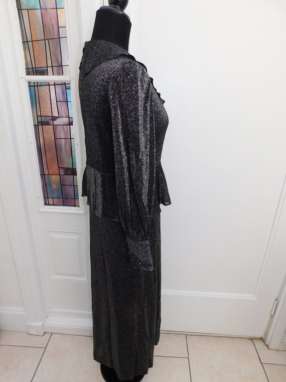 70s Ruffled Lurex Dress Metallic Peplum Gown Blac… - image 7