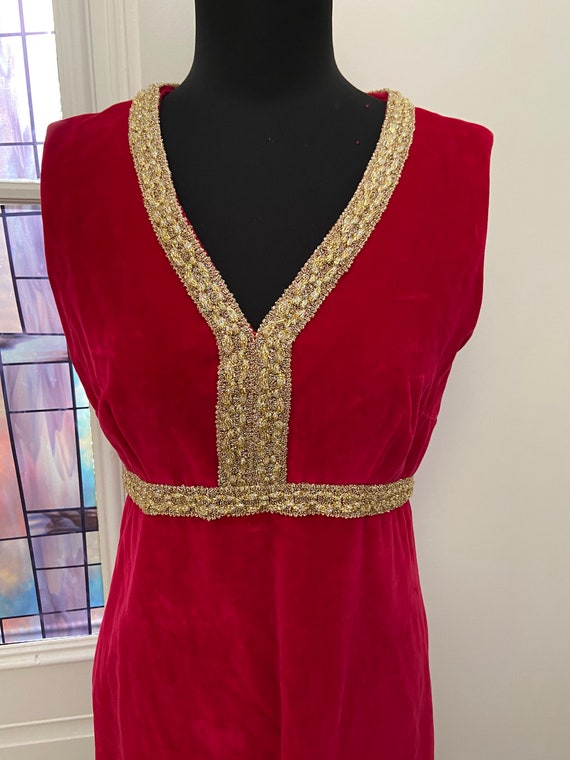 60s Red Velvet Christmas Gown Red Velvet Gold Tri… - image 3