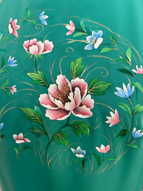 Vintage Chinese Cheongsam Green Silk Handpainted … - image 3