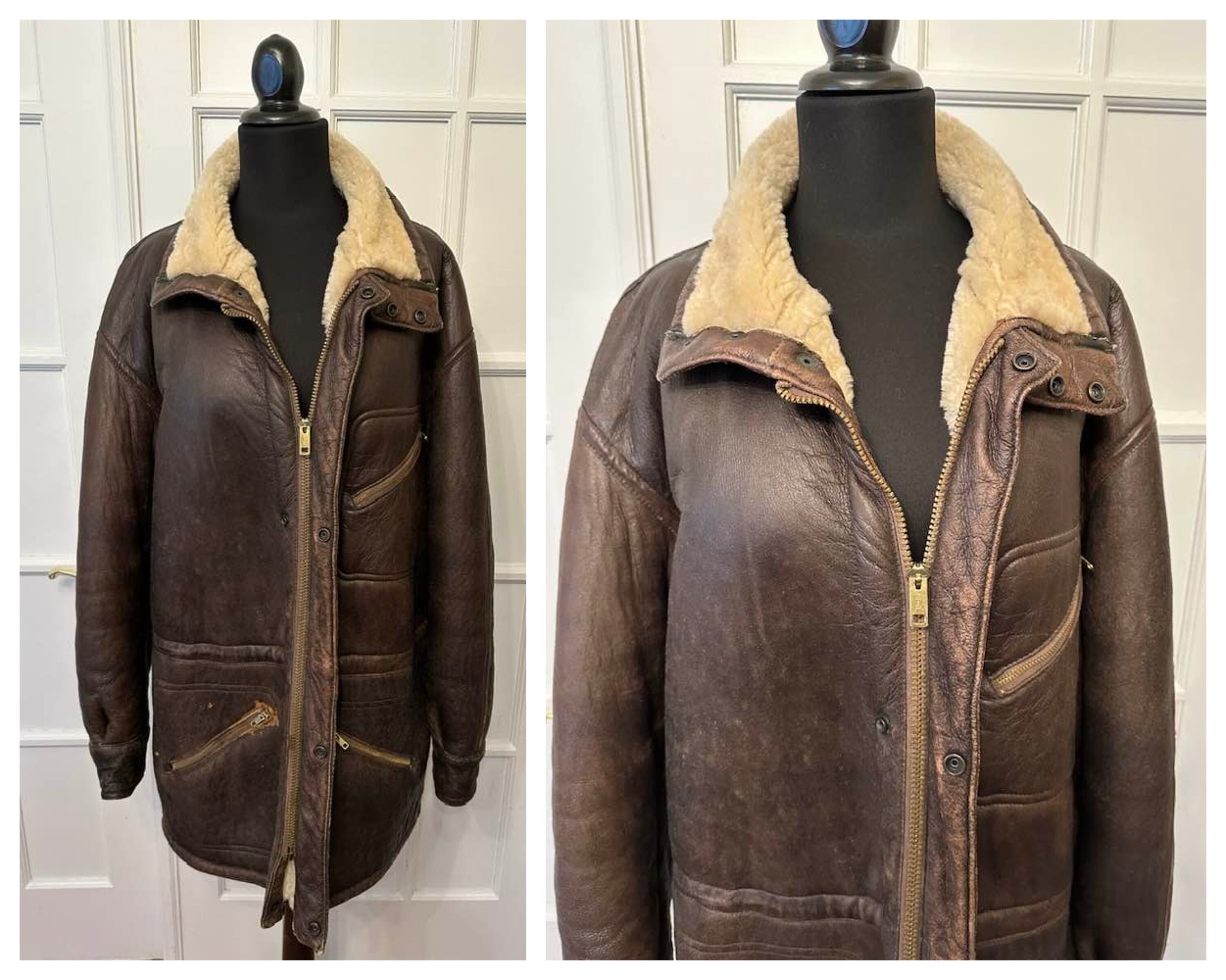 LuvMyVintage65 Vintage Leather Shearling Coat 70 s Hippie Sheepskin Coat Boho Fur Lined Leather Coat Manitoba Leather Hipster 48 Chest